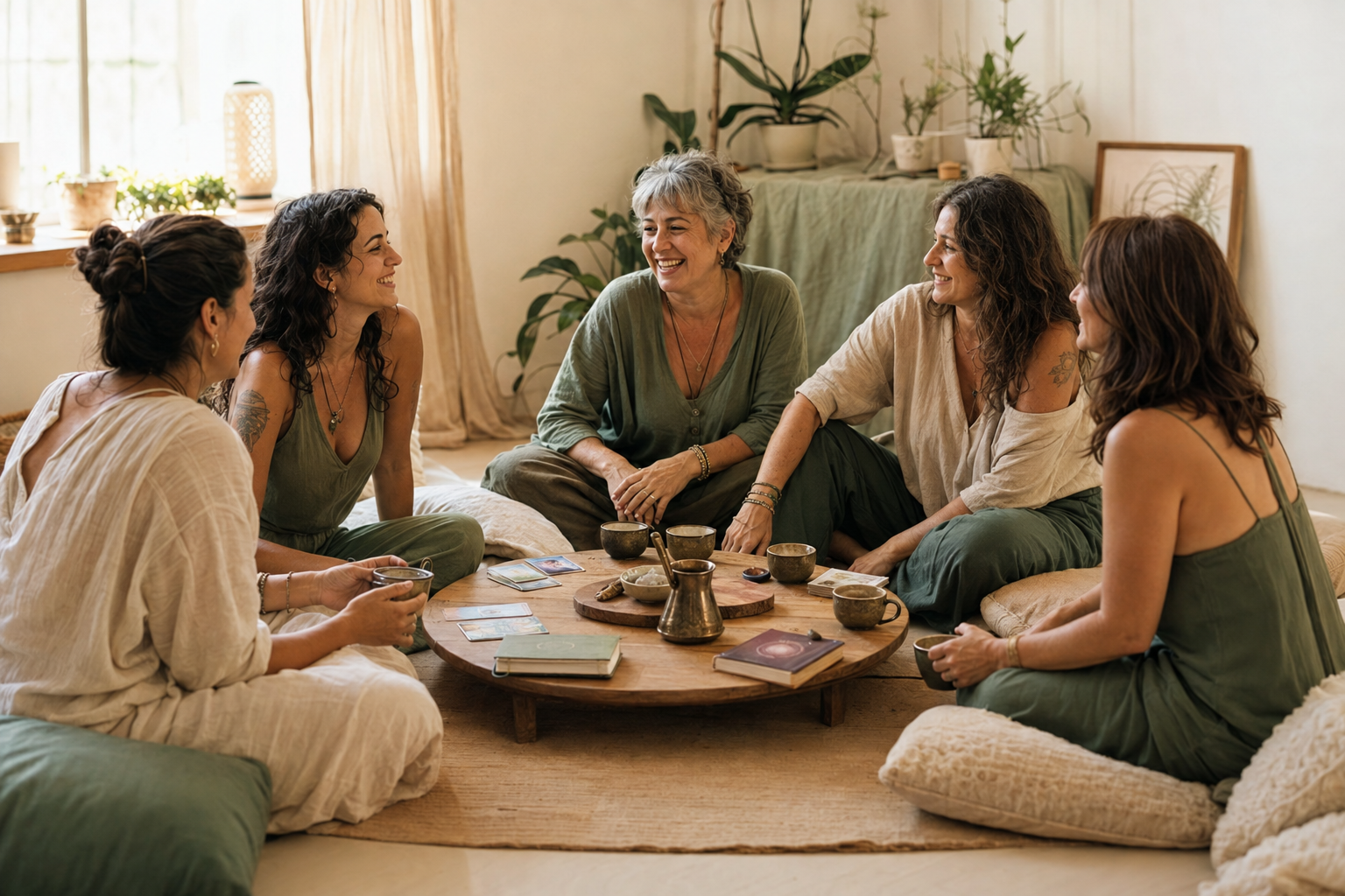 Mujeres compartiendo un café sentadas en almohadones alrededor de una mesa baja